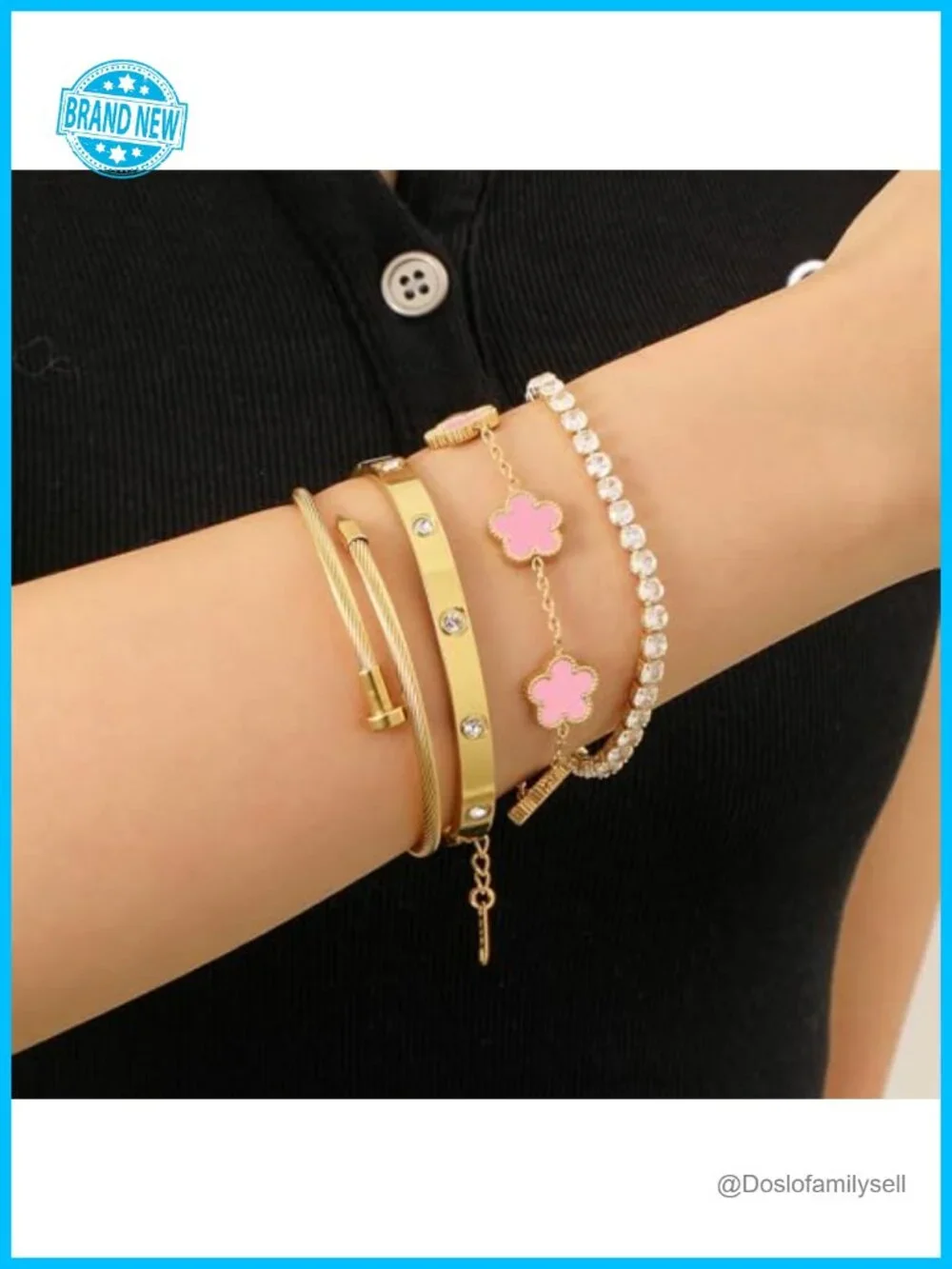 Gold Plated Stackable Floral Bracelets Set - 4 Piece Link Bracelet